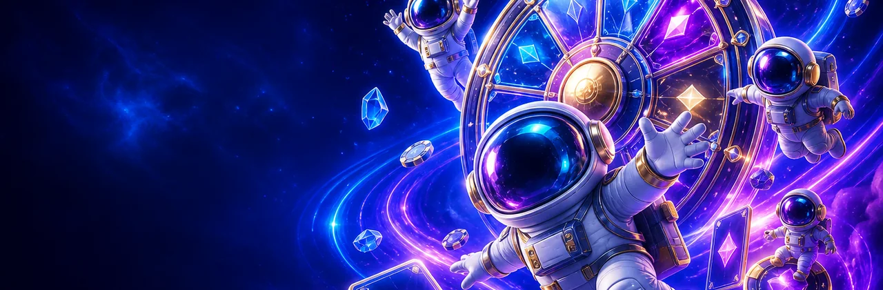 Banner sảnh game fb88 với vòng quay pha lê và phi hành gia neon
